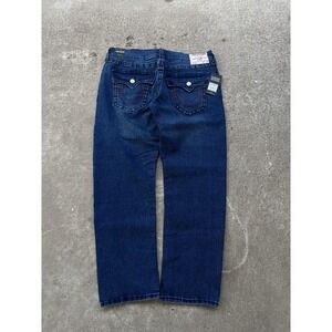 True Religion Geno Jeans Mens 36x30 Blue Dark Wash Denim Big T Flap Relaxed Slim
